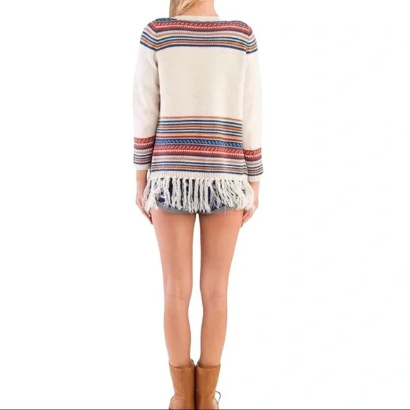 TOBI Annie Fringe Cardigan Drape Front Sweater Ivory Stripe Size M/L LV6291 - Picture 2 of 8